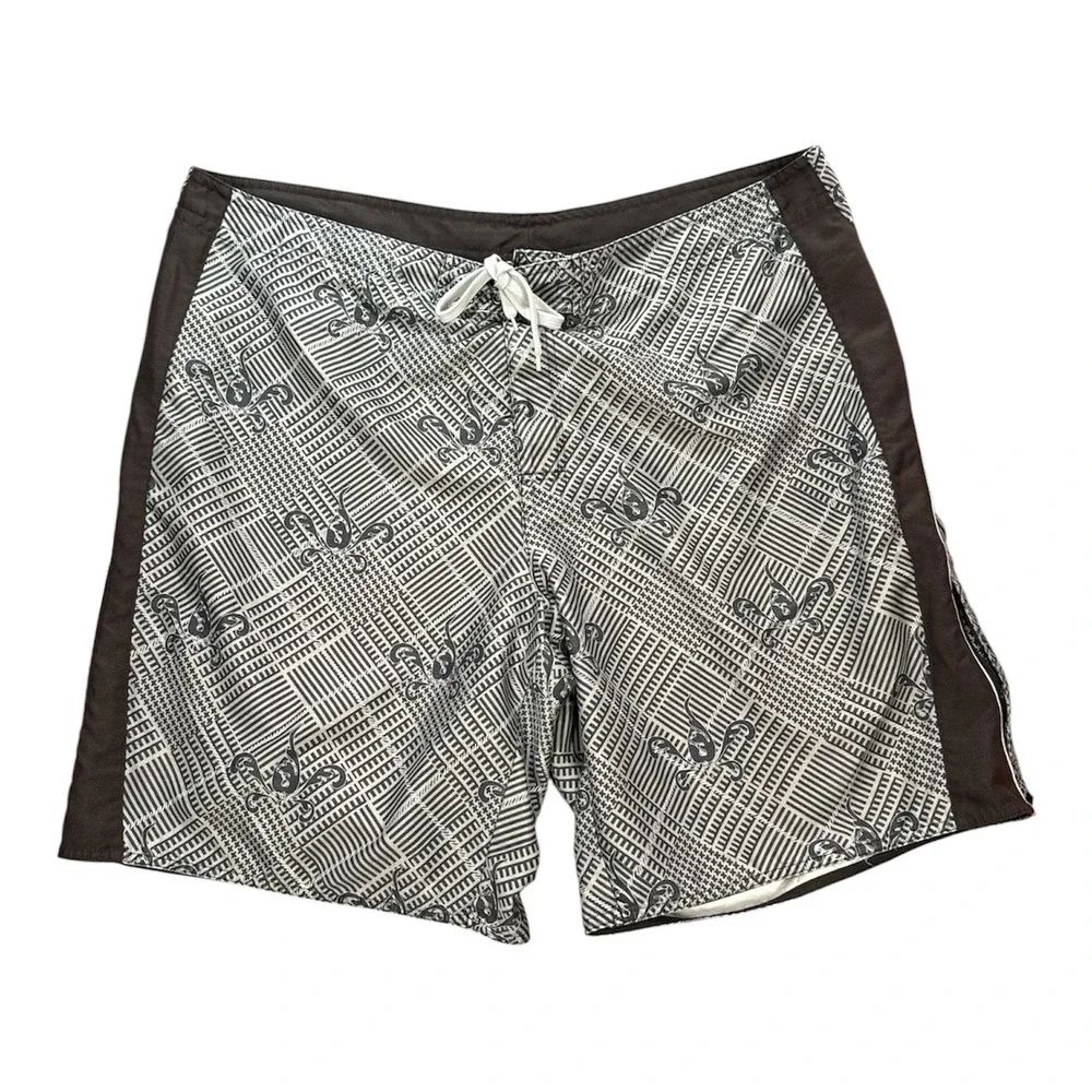 Joe Boxer Mens Board Shorts Octopus Plaid Print Brown White XL